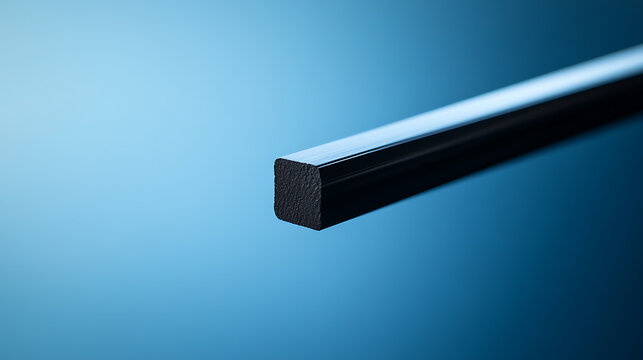 A macro shot of a square-shaped black stick against a blue gradient background. The stick appears new, clean, and precisely cut, showing a modern design with smooth edges.