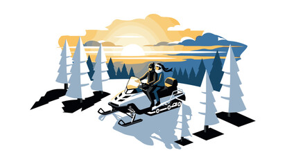 Scenic winter sunset adventure with couple riding snowmobile in pine forest