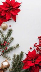 花と枝の境界に小粒の赤い実を配してリズムを生み金色の装飾で祝祭の光を足した白背景のエレガントな冬の花枠写真. 生成AI