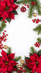 花弁の赤と葉の緑を主役に据え金色アクセントで格調を整えた花枠が冬のイベントを品よく彩る洗練のフラットレイ写真. 生成AI