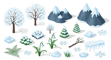 Fototapeta premium Winter landscape elements with snowy trees, mountains, and snowflakes in isometric style