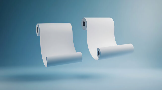 Two floating rolls of paper. Conceptual minimalism for cleanliness. Smooth paper rolls in the air with a soft gradient background create a fresh and modern aesthetic.