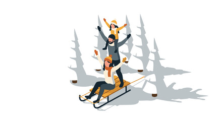 Winter fun group sledding adventure in snowy forest