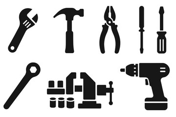 Tool Icons Collection. Solid style icons of Workshop Tools: adjustable wrench, hammer, pliers, screwdriver, ratchet, socket set,