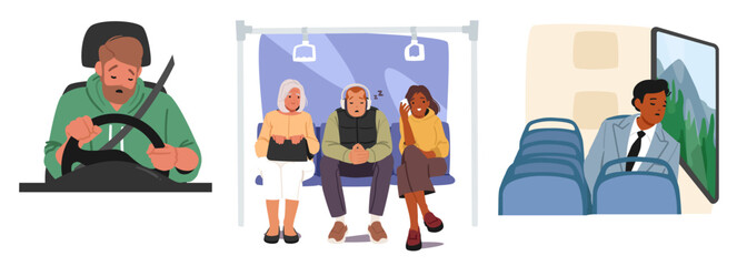 Sleepy tired driver at steering wheel and passengers of public transport isolated cartoon scene