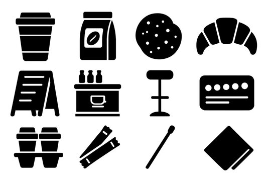 Coffee Shop Icons. Solid style icons of coffee shop items: takeaway cup, coffee bag, cookie, croissant, menu board, counter, bar - Powered by Adobe