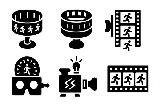 Vintage Animation Devices Icons. Solid style icons of Historical Animation Devices: Zoetrope, Slitted Cylinder, Frames, Spinning,