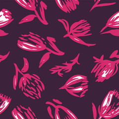 Hand drawn abstract florals seamless repeat pattern. Random placed, vector botany aop, all over surface print on  dark red background.