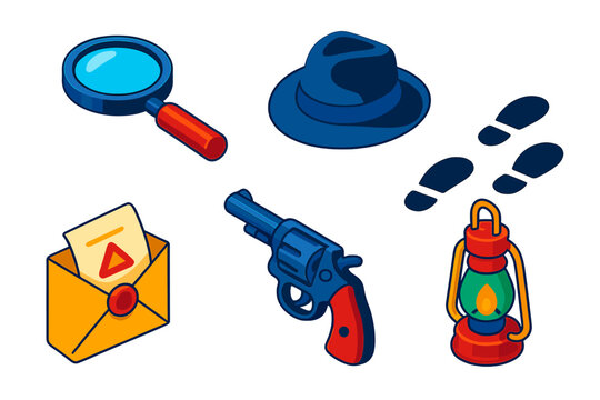 Mystery Investigation Icons. Isometric vector illustration set Mystery Investigation: magnifying glass, detective fedora,