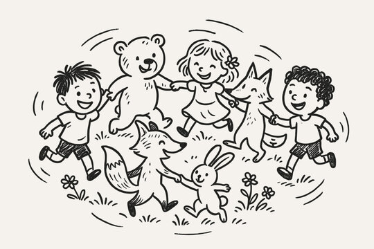 Widdershins Dance Circle. A doodle illustration of a widdershins dance circle, where children and animals hold hands, spinning