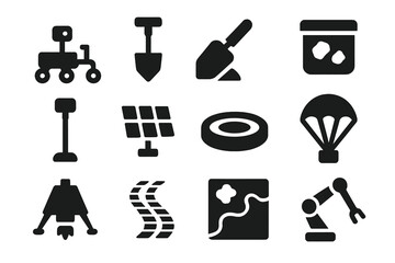 Obraz premium Planetary Exploration Icons. Solid style icons of planetary exploration: rover, drill, soil scoop, sample container, camera mast,