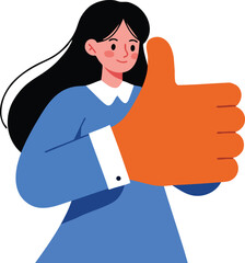 Woman with oversized orange thumbs up gesture in blue shirt casual positive approval illustration 