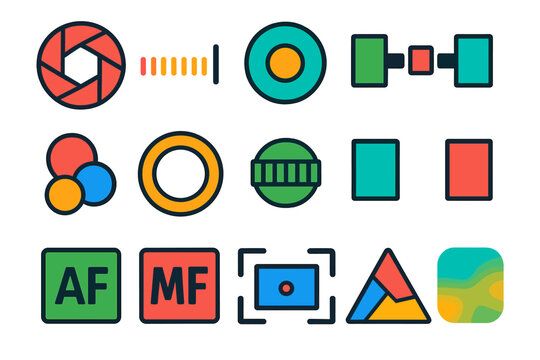 Modern Camera Icon Set. Flat vector icons of aperture and focus: aperture blades, f-stop scale, diaphragm symbol, shallow depth of