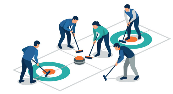 Curling team strategy isometric view of players engaged in dynamic competition on ice