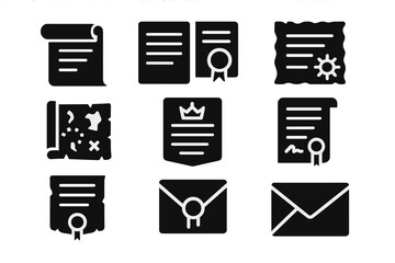 Historical Document Icons. Solid style icons of Historical Documents: charter scroll, treaty seal, proclamation, map chart, royal