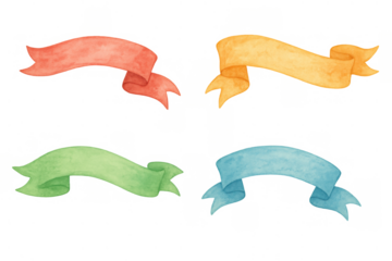 Watercolor ribbon banner set providing colorful design elements for celebration, announcement, and decoration with transparent background