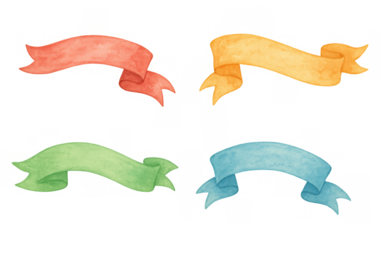 Watercolor ribbon banner set providing colorful design elements for celebration, announcement, and decoration with transparent background