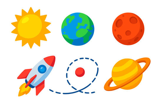 Cosmic Journey Icons. Isometric vector illustration set Cosmic Journey: radiant sun, orbiting earth, cratered mars, striped saturn