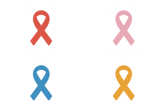 Colorful various awareness ribbons symbolizing support for causes like cancer research on transparent background