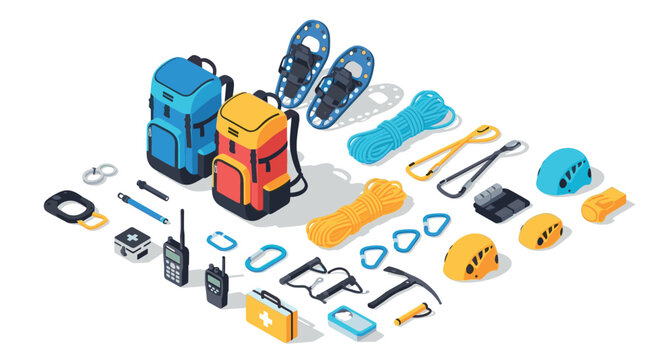Detailed isometric camping and hiking equipment with backpacks, climbing gear, and essential outdoor tools