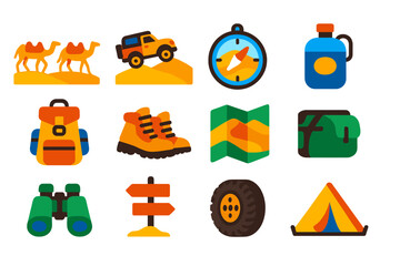 Desert Travel Icons. Flat vector icons of desert travel: camel caravan, jeep crossing dunes, desert compass, water flask, desert