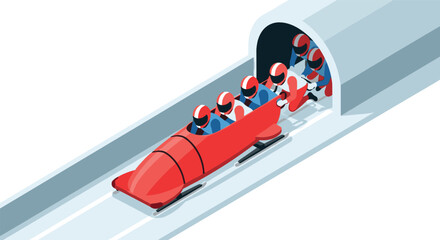 Fototapeta premium Isometric winter sports scene featuring a bobsled team exiting tunnel