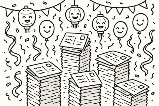 Festival Postcards Tower. A doodle illustration of postcards in a festival, stacked like towers, with smiling lanterns, dancing
