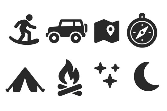 Adventure Travel Icons. Solid style icons of Adventure Travel: Sandboard, Jeep, Map, Compass, Tent, Bonfire, Stars, Moon, No text,