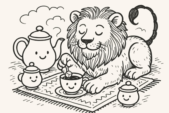 Manticore's Tea Time. A doodle scene of a manticore sipping tea with smiling teapots and cups, its lion paws resting on a cozy rug