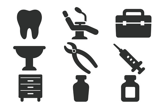 Dental Icon Ensemble. Solid style icons of Dental Heritage: Tooth, Chair, Tool Box, Spittoon, Forceps, Syringe, Cabinet, Bottle,