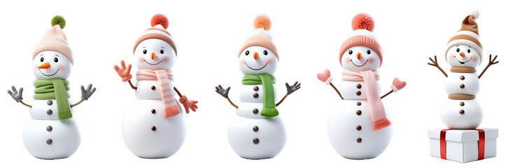 Five joyful snowman figures, each adorned with unique hats and scarves, displaying different poses and expressions, ideal for Christmas and winter-themed designs with copy space