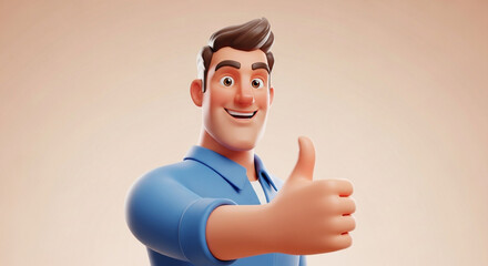 Smiling 3d cartoon man giving a thumbs up gesture with a positive attitude