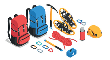 Fototapeta premium Isometric camping gear backpacks, ice axe, snowshoes, helmet, rope, and clips for outdoor adventures