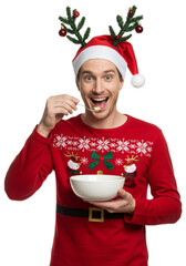 a happy man holding an empty white bowl