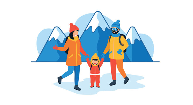 Winter family adventure in the mountains with snowy peaks and colorful winter clothing