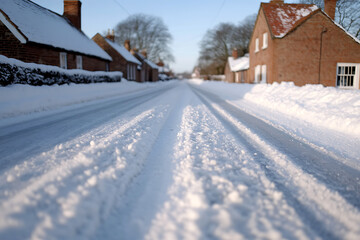 Obraz premium Winter's embrace transforms a quaint village street into a snowy landscape. Brick houses are draped in white, tire tracks carve paths through the pristine snow.