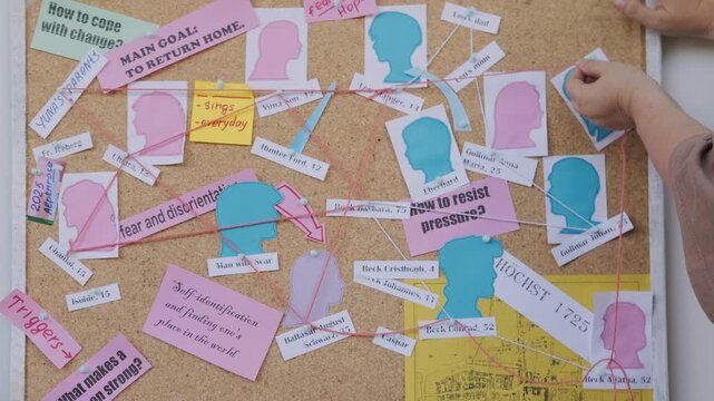 corkboard map characters and arcs, emotional connections in narrative project, Writer&rsquo;s Inspiration board writer with character sketches, story planning, Storytelling visualization, notes