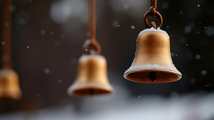 Golden bells suspended in a serene winter setting, dusted with delicate snowflakes. A gentle reminder of peace, holidays and traditions. Winter magic in the air.