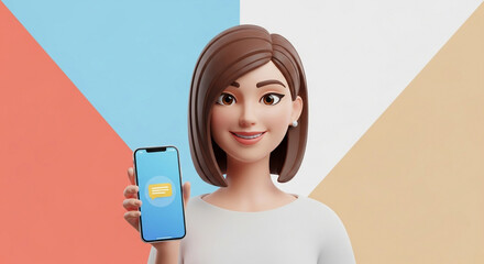 Smiling woman holding smartphone with chat app against colorful background