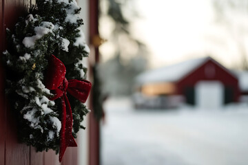 A festive wreath adorns a rustic door, dusted with snow. A red bow adds a touch of elegance, while a snowy barn creates a serene winter scene. #WinterCharm