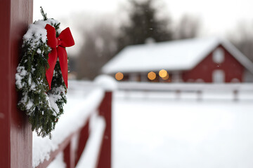 A snowy scene features a red fence adorned with a green wreath and a bright red bow. In the background, a red barn with a snow-covered roof adds to the winter ambiance.