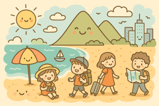 Joyful Travel Adventure. Adorable travel scene with beach, mountains, and city skyline, all smiling with little doodle travelers