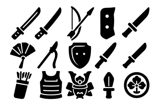 Samurai Weapons Icons. Solid style icons of Samurai Weapons: Katana, Wakizashi, Bow, Arrow, Tessen, Naginata, Shield, Dagger,