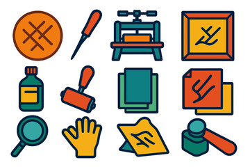 Copper Engraving Icons. Flat vector icons of Copper Engraving Artifacts: plate, etching, burin, press, print, frame, ink, roller,
