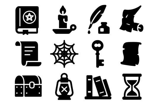 Mystic Library Icons. Solid style icons of Mystic Library: Ancient Tome, Candle, Quill, Fading Ink, Scroll, Cobweb, Key, Chest,