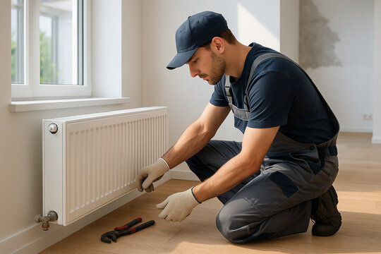 Technicien installant ou r&eacute;parant un radiateur dans une maison