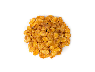 Roasted broad beans snack isolated, fried vicia faba, spicy legume, crispy big beans chips for salads