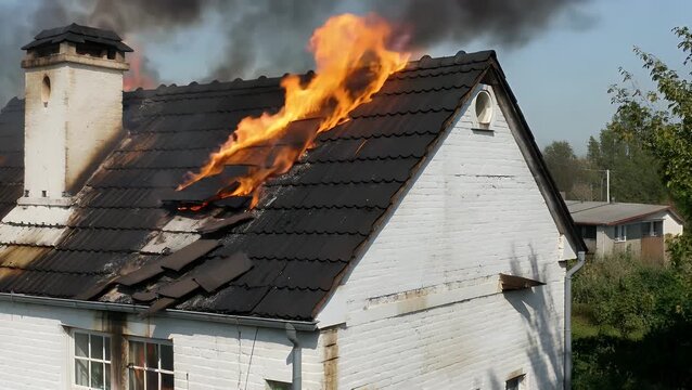 flames and smoke erupting from the upper section of a residential building engulfed in fire  the structure characterized by pale brick construction and a dark tiled