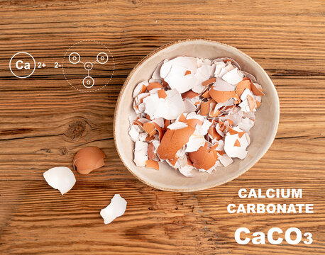 Broken egg shell in bowl as calcium carbonate, crushed eggshell, CaCO3 supplement