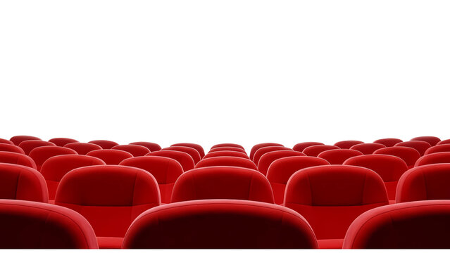 Rows of empty red cinema chairs in a movie theater auditorium with a transparent background for design